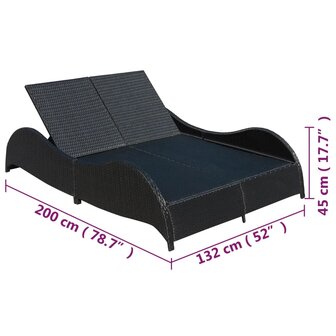 Ligbed tweepersoons met kussen poly rattan zwart