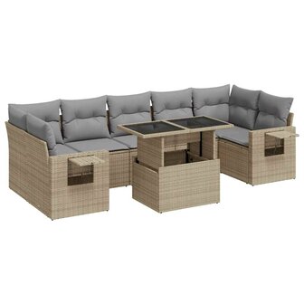 8-delige Loungeset met kussens poly rattan beige