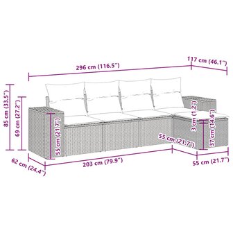 5-delige Loungeset met kussens poly rattan lichtgrijs