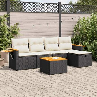 6-delige Loungeset met kussens poly rattan zwart