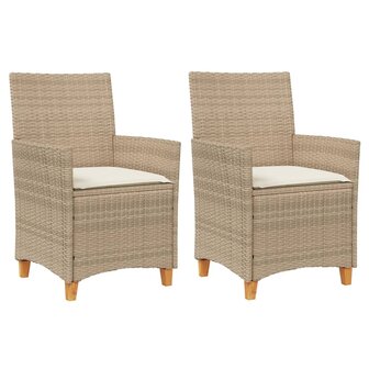 Tuinstoelen 2 st met kussens poly rattan en massief hout beige