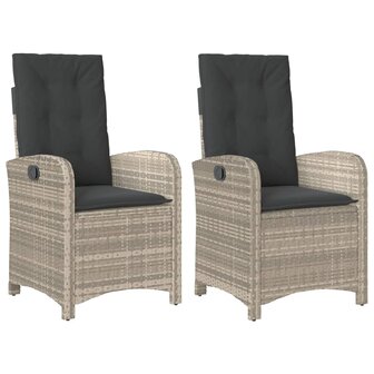 Tuinstoelen 2 st verstelbaar met kussens poly rattan lichtgrijs