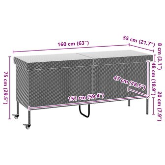 Tuinbox met wielen 160x55x75 cm poly rattan lichtgrijs