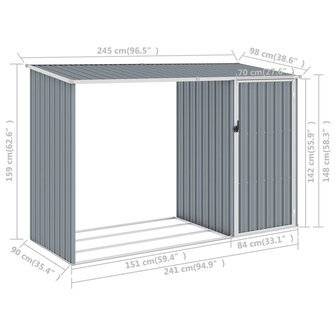 Brandhoutschuur 245x98x159 cm gegalvaniseerd staal grijs