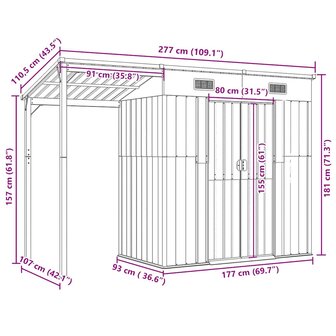 Tuinschuur met verlengd dak 277x107x181 cm staal lichtgrijs