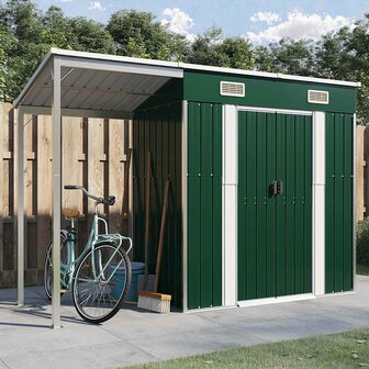 Tuinschuur met verlengd dak 277x107x181 cm staal groen
