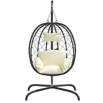 Hangstoel met kussen poly rattan en staal cr&egrave;mewit