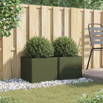 Plantenbakken 2 st 42x40x39 cm staal olijfgroen