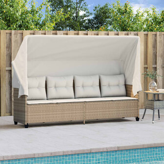 Ligbed met luifel en kussen poly rattan&nbsp;beige