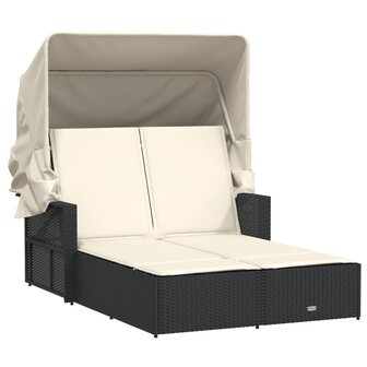 Ligbed 2-persoons met luifel en kussens poly rattan zwart