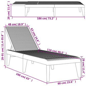 Ligbed 186x60x29 cm polypropeen antracietkleurig