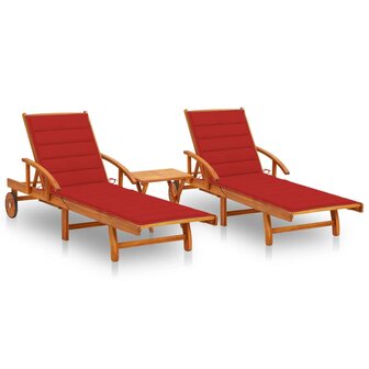 Ligstoelen 2 st met tafel en kussens massief acaciahout