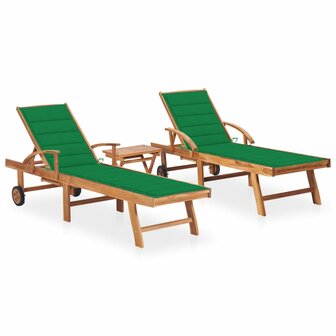 Ligbedden 2 st met tafel en kussens massief teakhout
