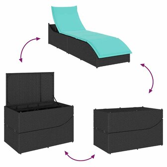 Ligstoel inklapbaar met kussen opbergruimte poly rattan zwart
