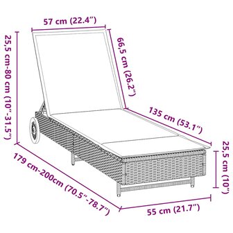 Ligbed met wielen en kussen poly rattan bruin