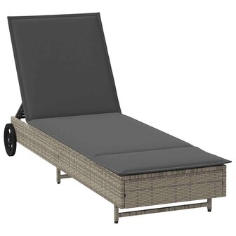 Ligbed met wielen en kussen poly rattan grijs