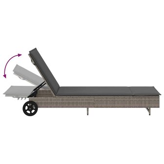 Ligbed met wielen en kussen poly rattan grijs