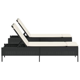 Ligstoelen 2 st met kussens poly rattan zwart