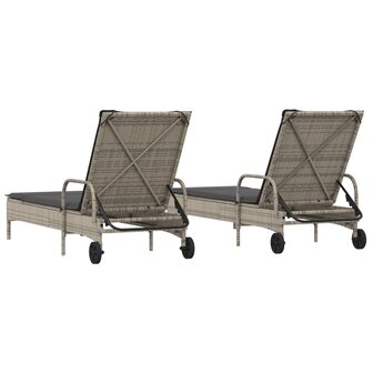 Ligstoelen 2 st met kussens poly rattan grijs