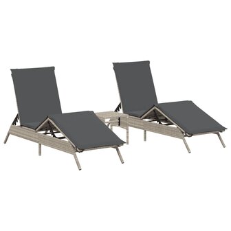 Ligbedden 2 st met tafel poly rattan lichtgrijs