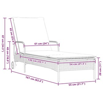 Ligbed met wielen en kussen poly rattan zwart
