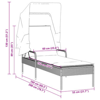 Ligbed met luifel poly rattan bruin