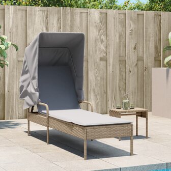 Ligbed met luifel poly rattan beige