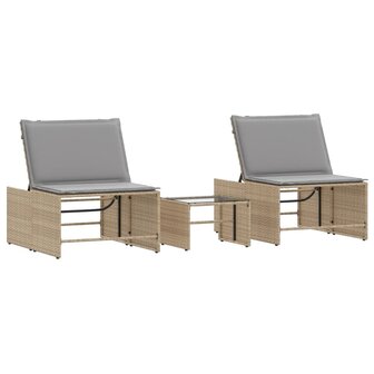 Ligstoelen 2 st met tafel beige poly rattan