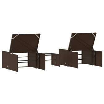 Ligstoelen 2 st met tafel bruin poly rattan