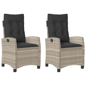 Tuinstoelen 2 st verstelbaar met kussens poly rattan lichtgrijs