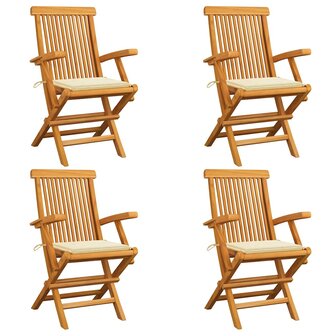 Tuinstoelen 4 st met cr&egrave;mekleurige kussens massief teakhout