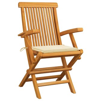 Tuinstoelen 3 st met cr&egrave;mekleurige kussens massief teakhout