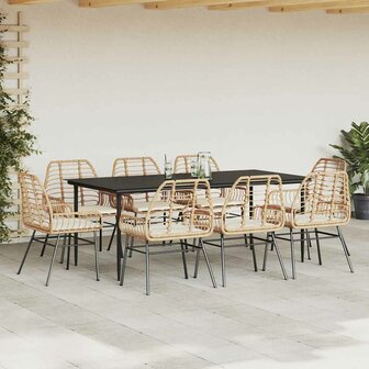 9-delige Tuinset met kussens poly rattan glas bruin