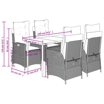 5-delige Tuinset met kussens poly rattan grijs