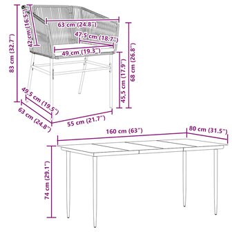 5-delige Tuinset met kussens poly rattan glas grijs