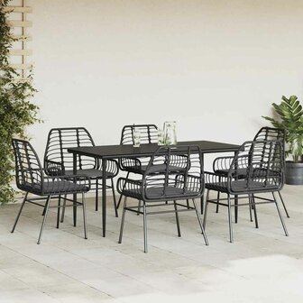 7-delige Tuinset met kussens poly rattan glas zwart