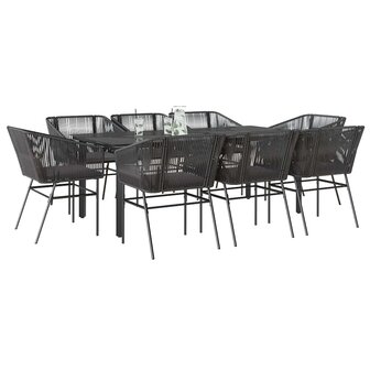 9-delige Tuinset met kussens poly rattan glas zwart