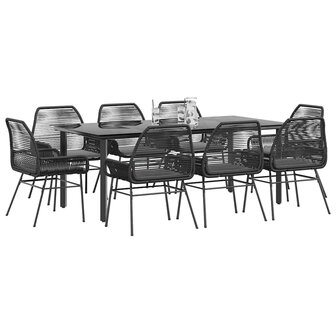 9-delige Tuinset met kussens poly rattan glas zwart