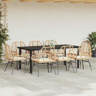 9-delige Tuinset met kussens poly rattan glas bruin