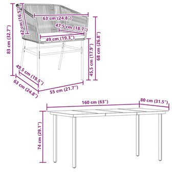 5-delige Tuinset met kussens poly rattan glas grijs