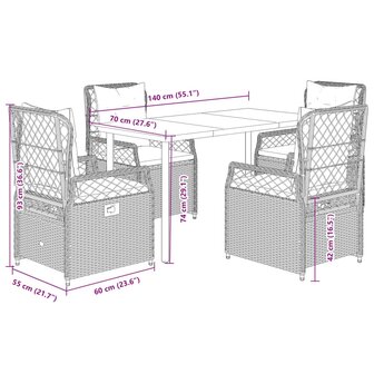 5-delige Tuinset met kussens poly rattan grijs