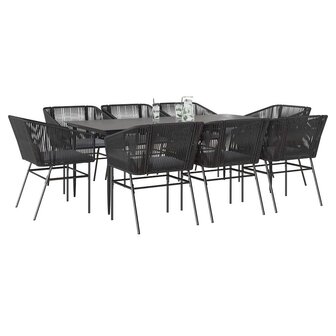 9-delige Tuinset met kussens poly rattan glas zwart
