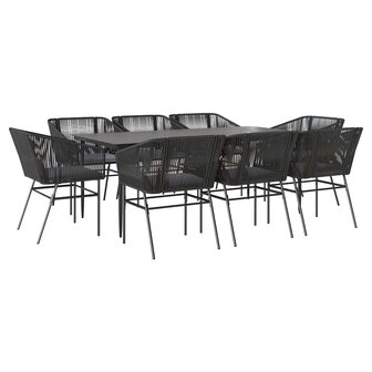 9-delige Tuinset met kussens poly rattan glas zwart