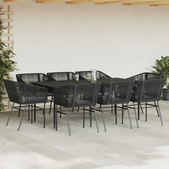 9-delige Tuinset met kussens poly rattan glas zwart