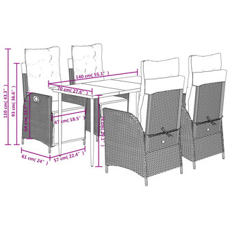 5-delige Tuinset met kussens poly rattan grijs