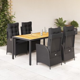 5-delige Tuinset met kussens poly rattan zwart