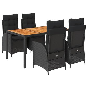 5-delige Tuinset met kussens poly rattan zwart