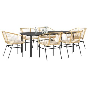 7-delige Tuinset met kussens poly rattan glas bruin