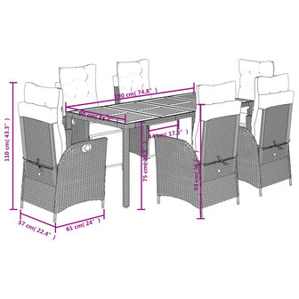 7-delige Tuinset met kussens poly rattan zwart