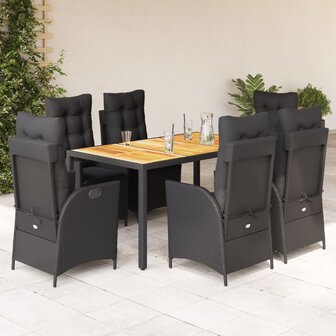 7-delige Tuinset met kussens poly rattan zwart